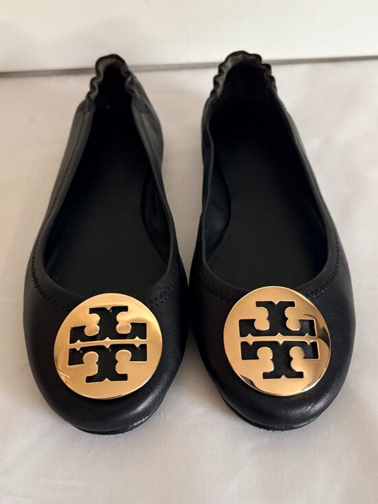 Tory Burch Shoes - Tory Burch Womans  Black Leather Mini Travel Ballet Flats Gold Metal Logo Size 9